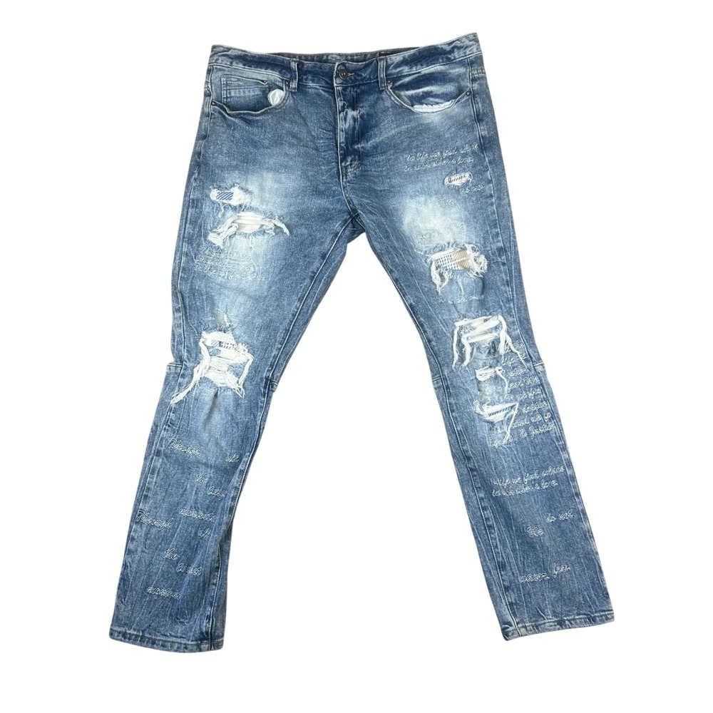 Smoke Rise Mens Distressed Script Embroidered Blue Denim Jeans Medium Wash 34x30